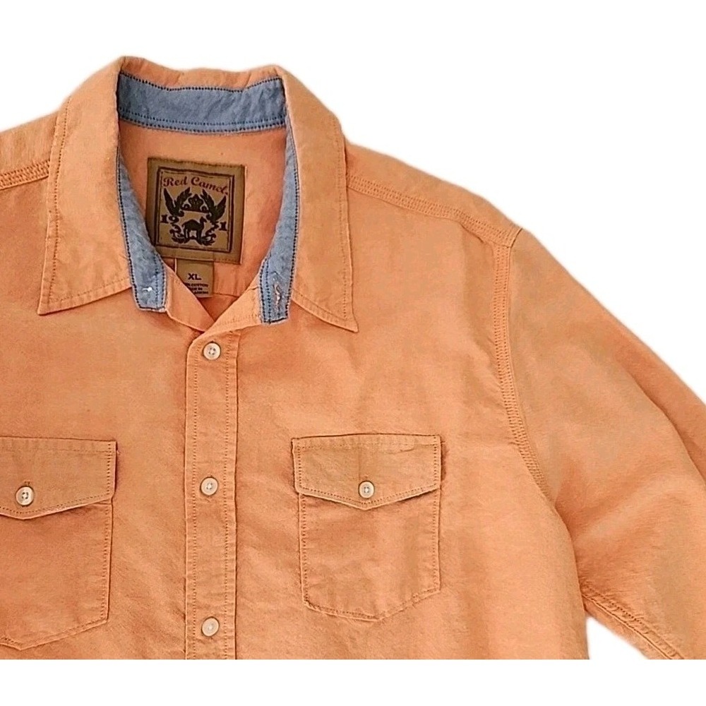 Red Camel 1931 Men's XL 100% Cotton Western Denim/Peach Long Sleeve Button EUC